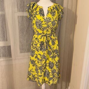 LOFT S Neon Yellow Blue White Floral Flutter Short Sleeve A-Line Belted Dress